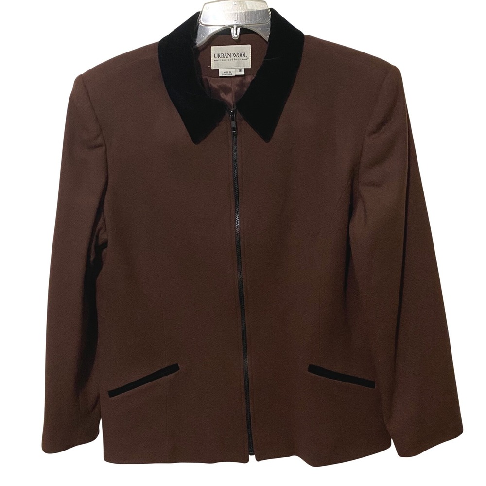 Women's Full Zip Brown Wool Jacket Size 16 Black Velvet Collar Trim Retro Career
